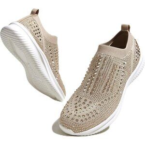 🆕 Women's Rhinestone Mesh Slip-On Walking Shoes Fashion Sneaker Beige Fabric